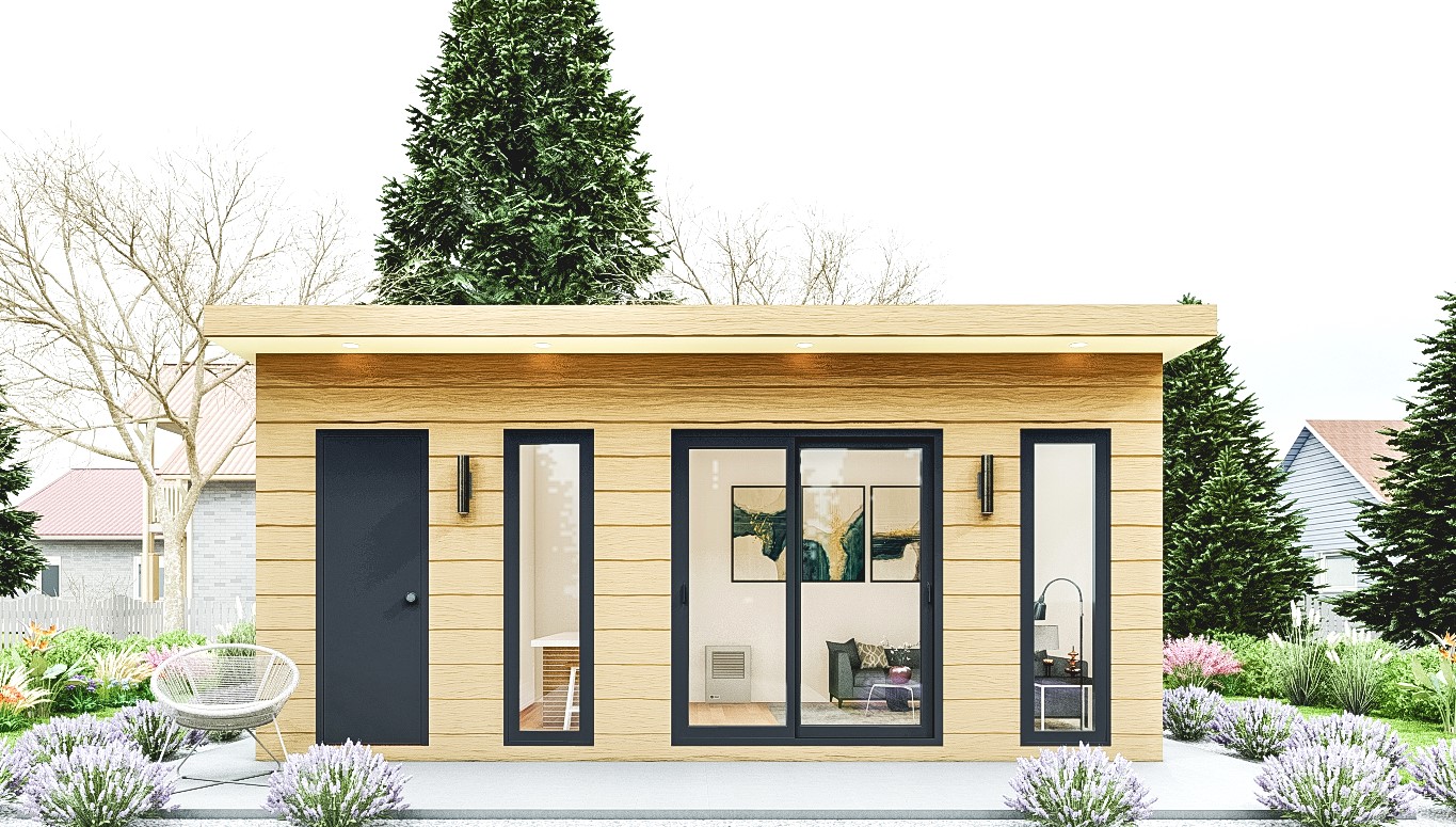 Garden room with integrated storage shed – stylish, functional, and space-saving