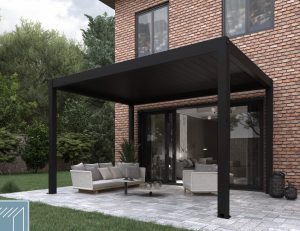 Modern aluminium veranda with a manual louvered roof, providing adjustable shade, airflow, and weather protection for patios and outdoor spaces