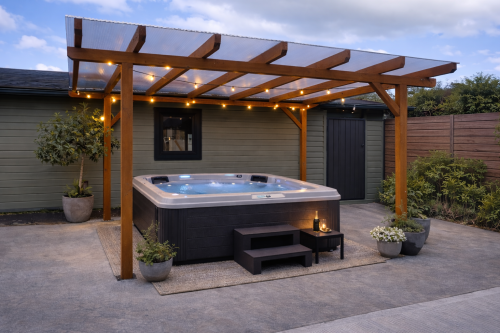 Standalone timber pergola with polycarbonate roof