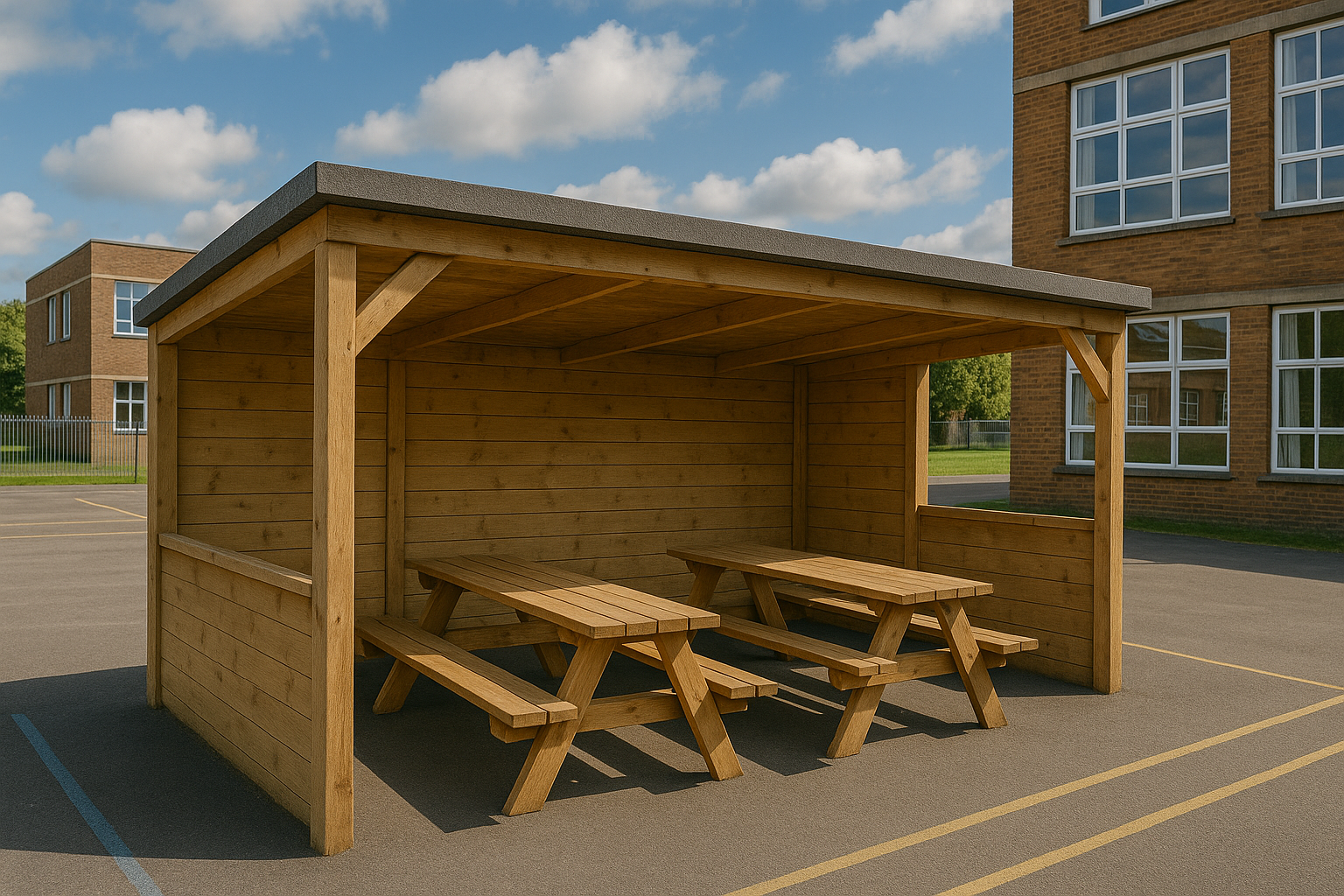 Bespoke timber outdoor classroom with enclosed sides and decking