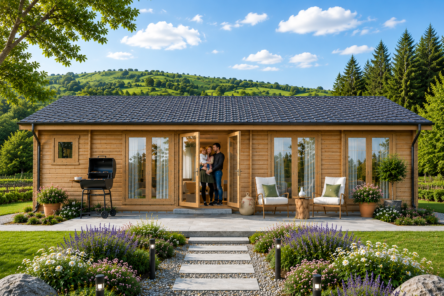 Timber cabin exterior supplied by All About Outdoors Ireland